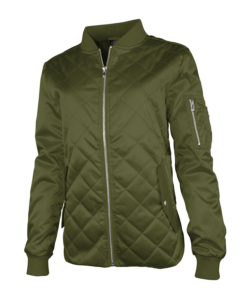 Front View of Monogrammed Olive Quilted Boston Flight Jacket