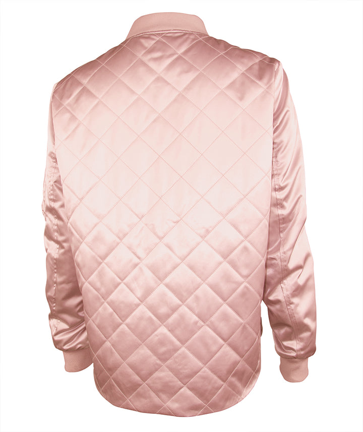 Back View of Monogrammed Rose Gold Quilted Boston Flight Jacket