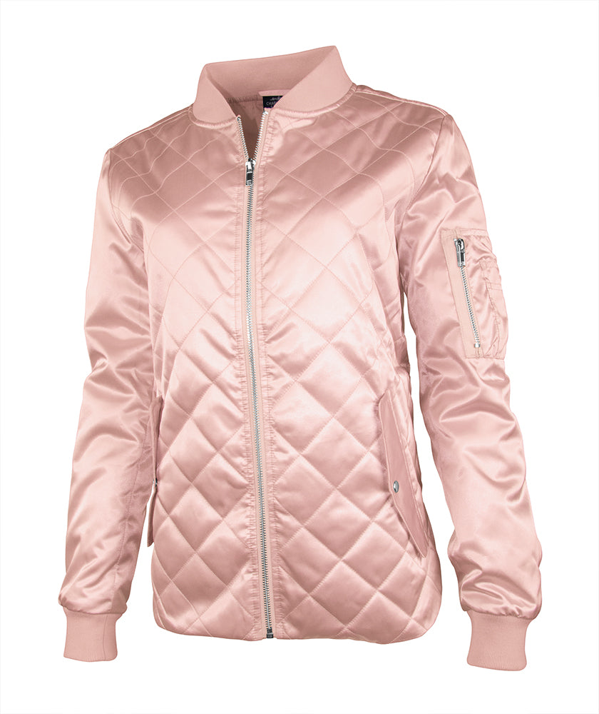 Front View of Monogrammed Rose Gold Quilted Boston Flight Jacket