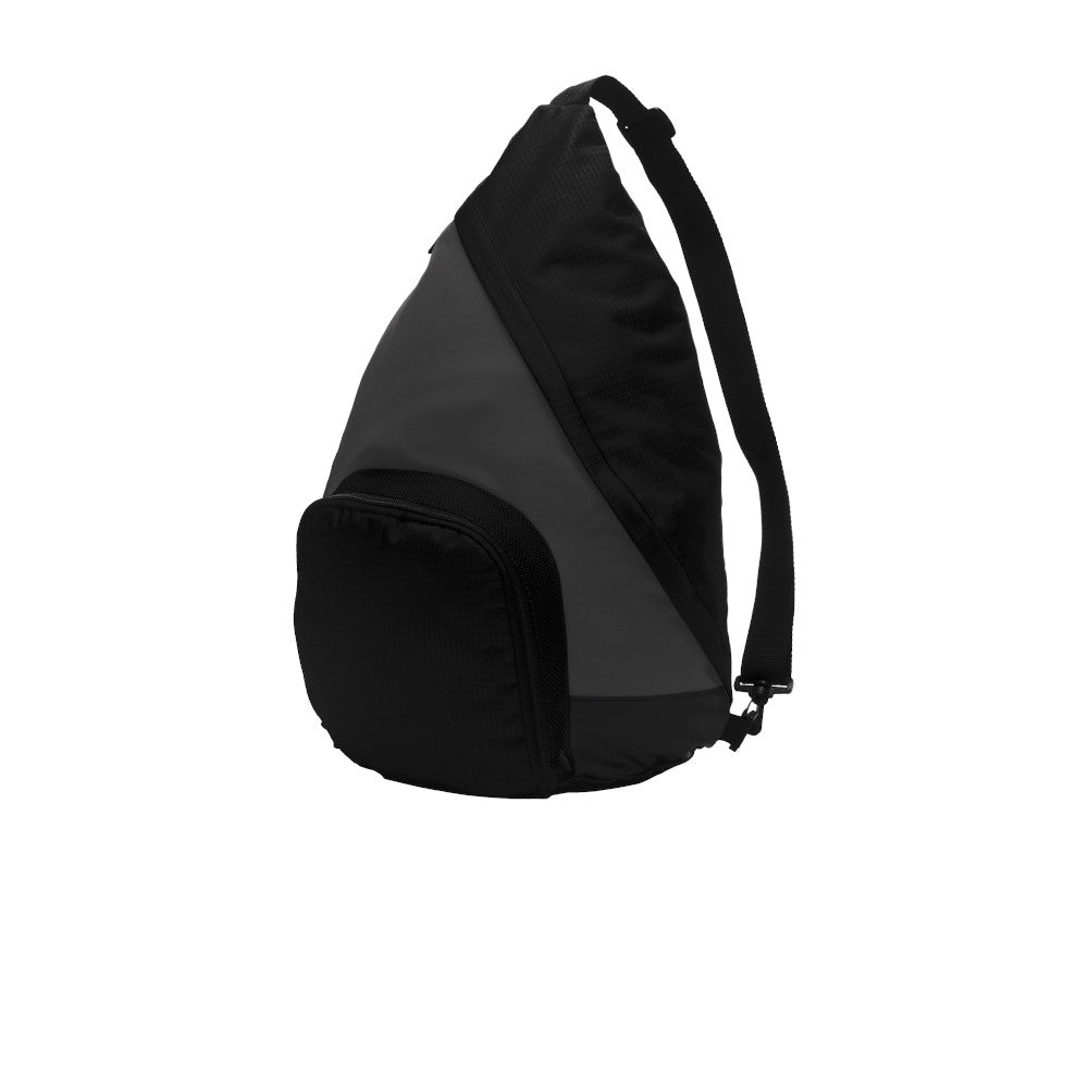 gray and black sling backpack