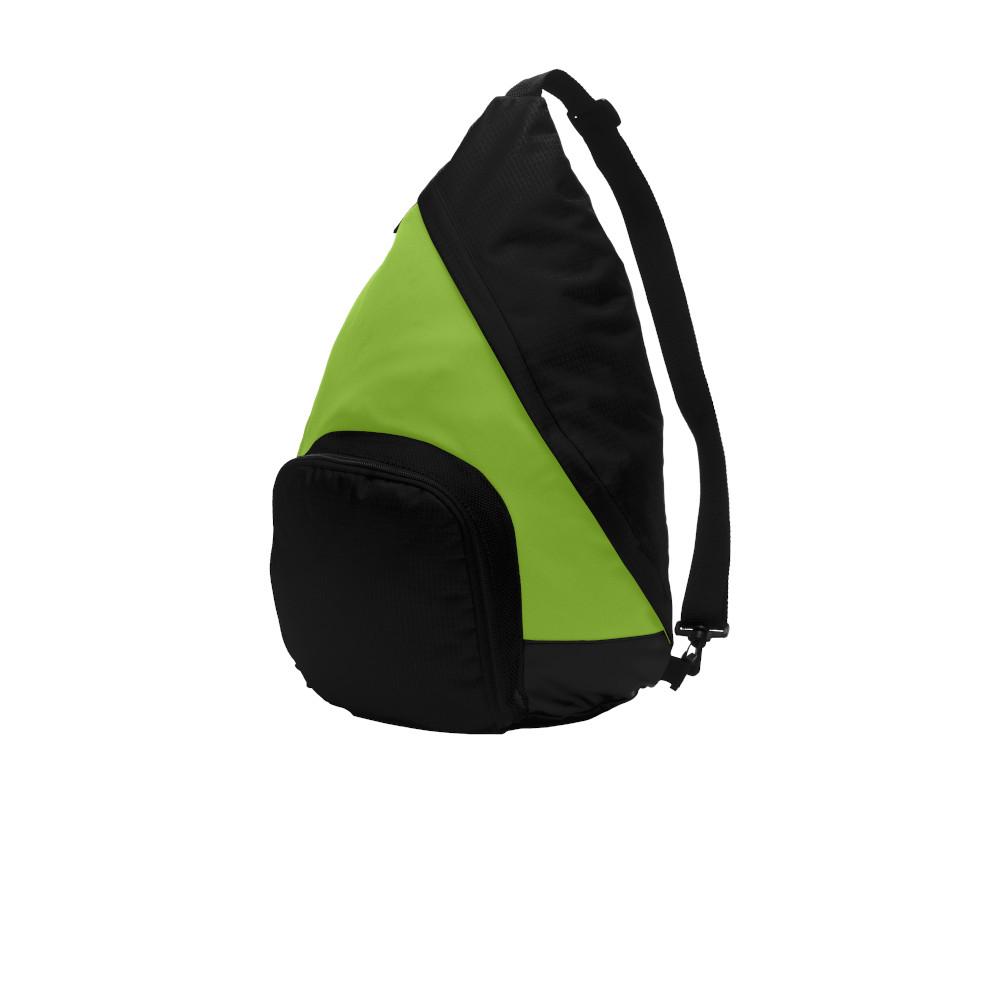 green and black sling backpack