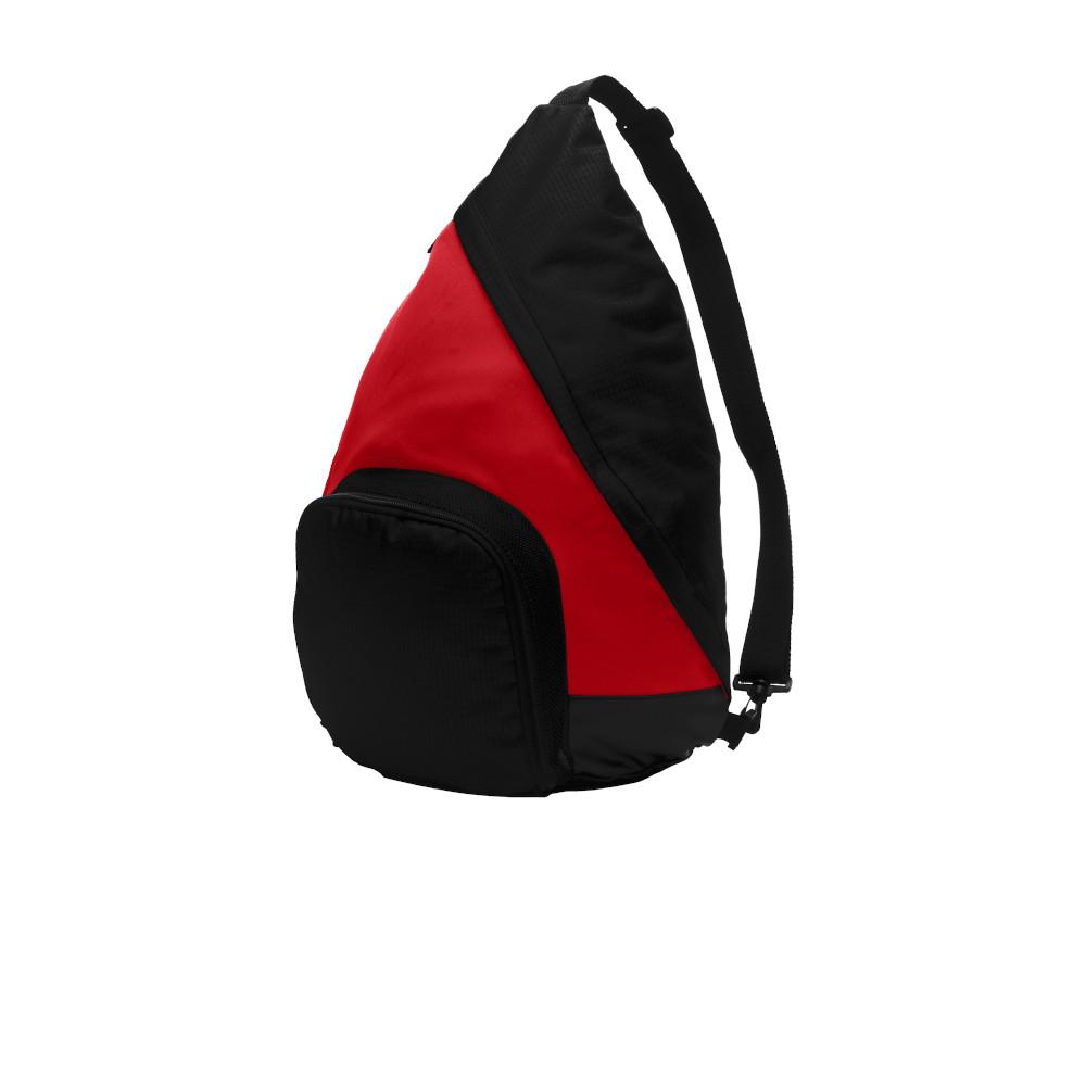 red and black sling backpack