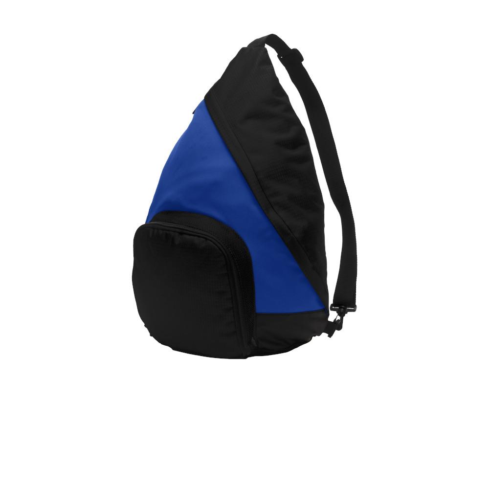 blue and black sling backpack
