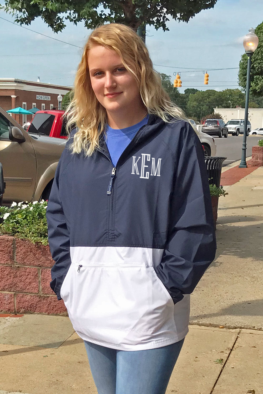 Monogrammed Color Block Lightweight Pullover Rain Jacket - Navy and White