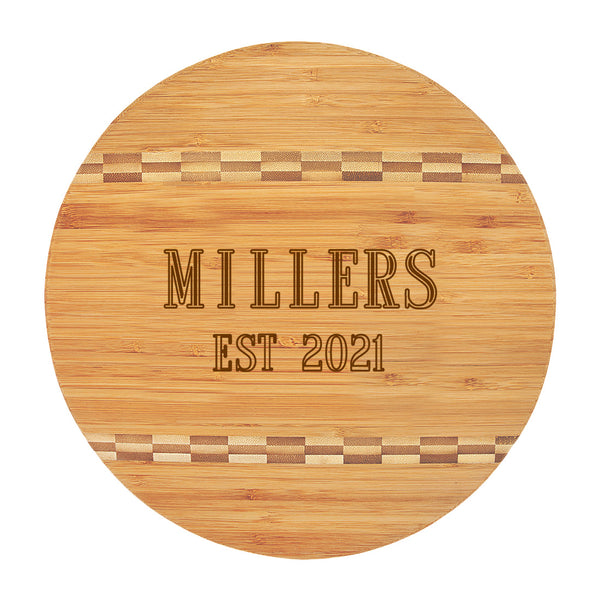 Monogrammed Round Wood Cutting Board - Name Year Design