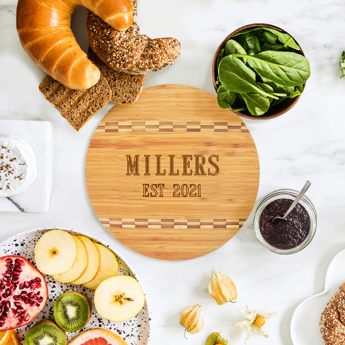 Monogrammed Round Wood Cutting Board - Name Year Design