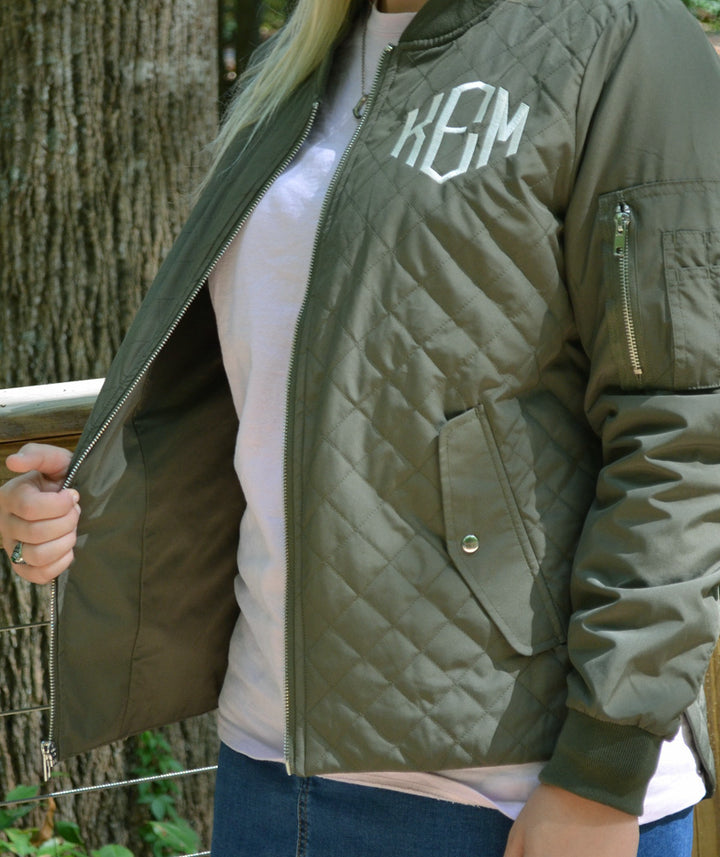 Inside Lining of Monogrammed Olive Quilted Boston Flight Jacket