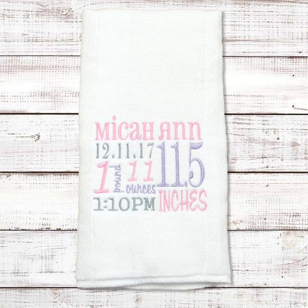 burp cloth with birth stats baby shower personalized
