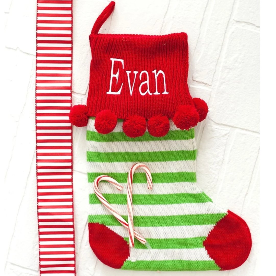 Personalized Green Stripe Pom-Pom Knit Stocking