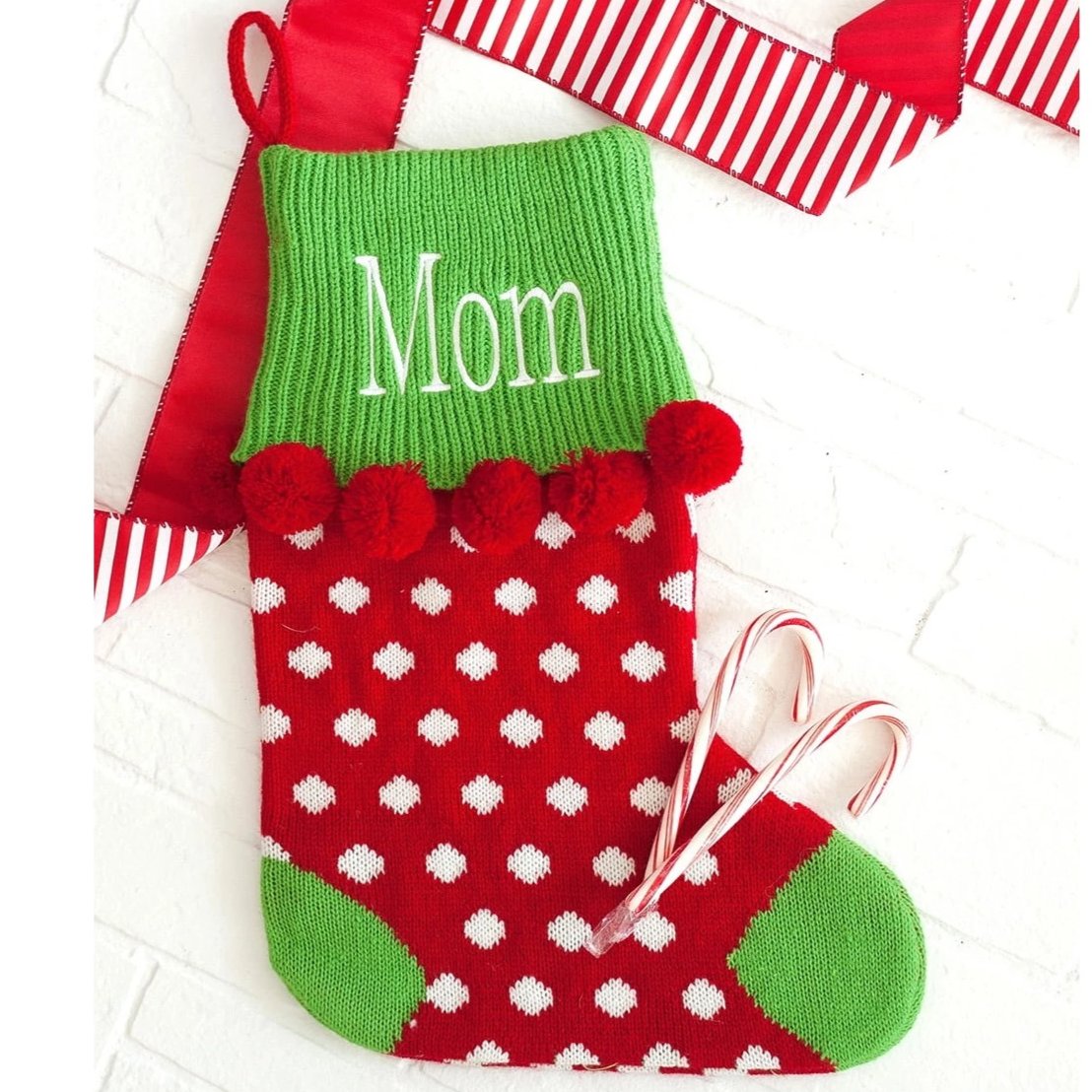 Personalized Red Dot Pom-Pom Knit Stocking