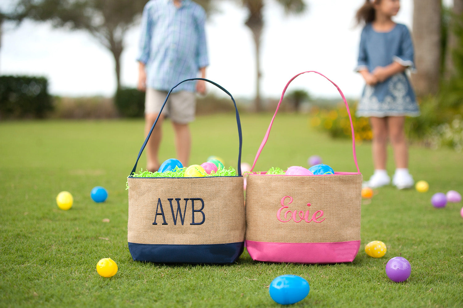 Monogrammed Girls Pink Burlap Easter Bucket