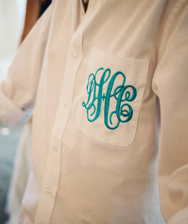 Oversized button down bridal shirt with monogram