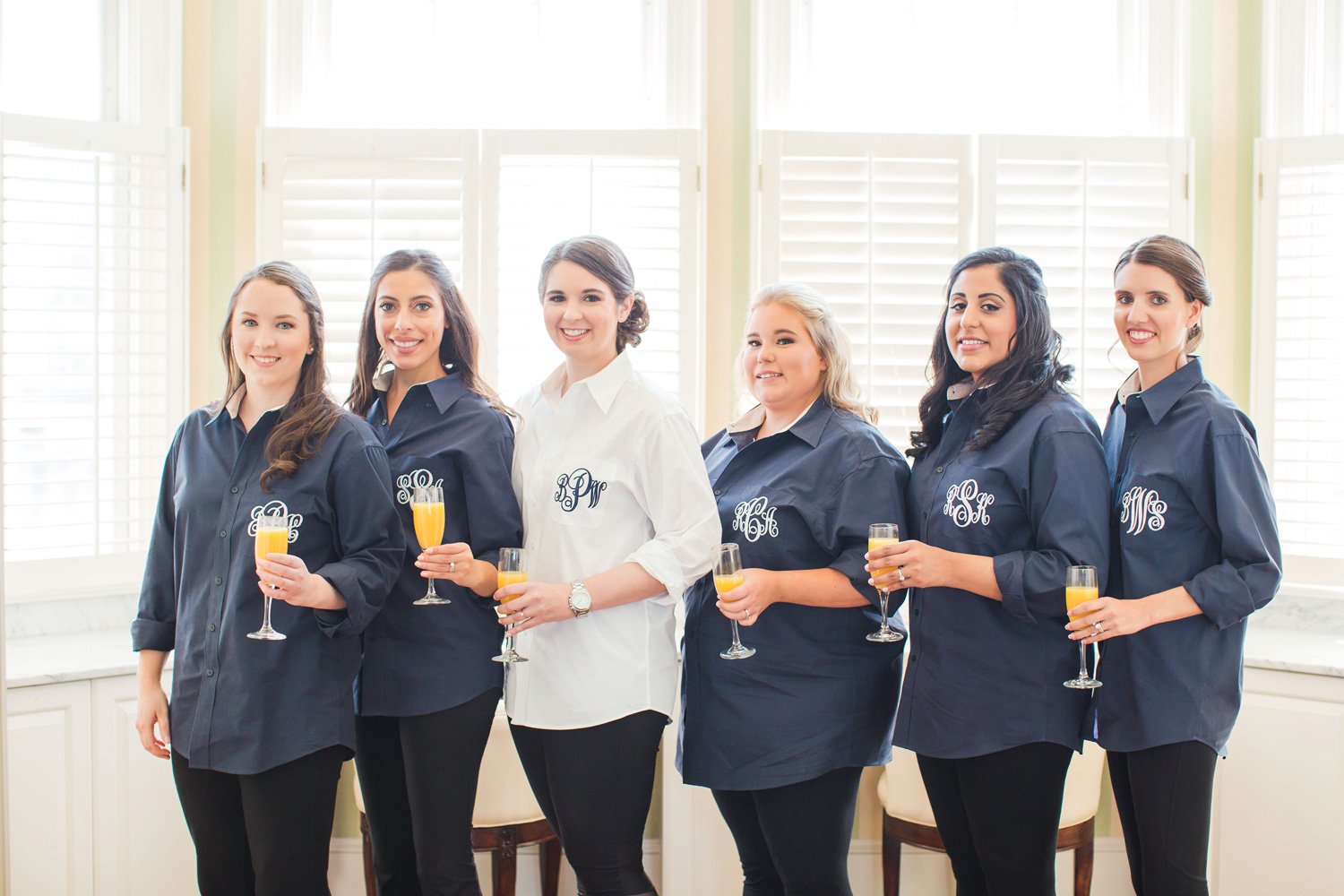 Bridesmaids wearing Navy Wedding Day Getting Ready Shirt
